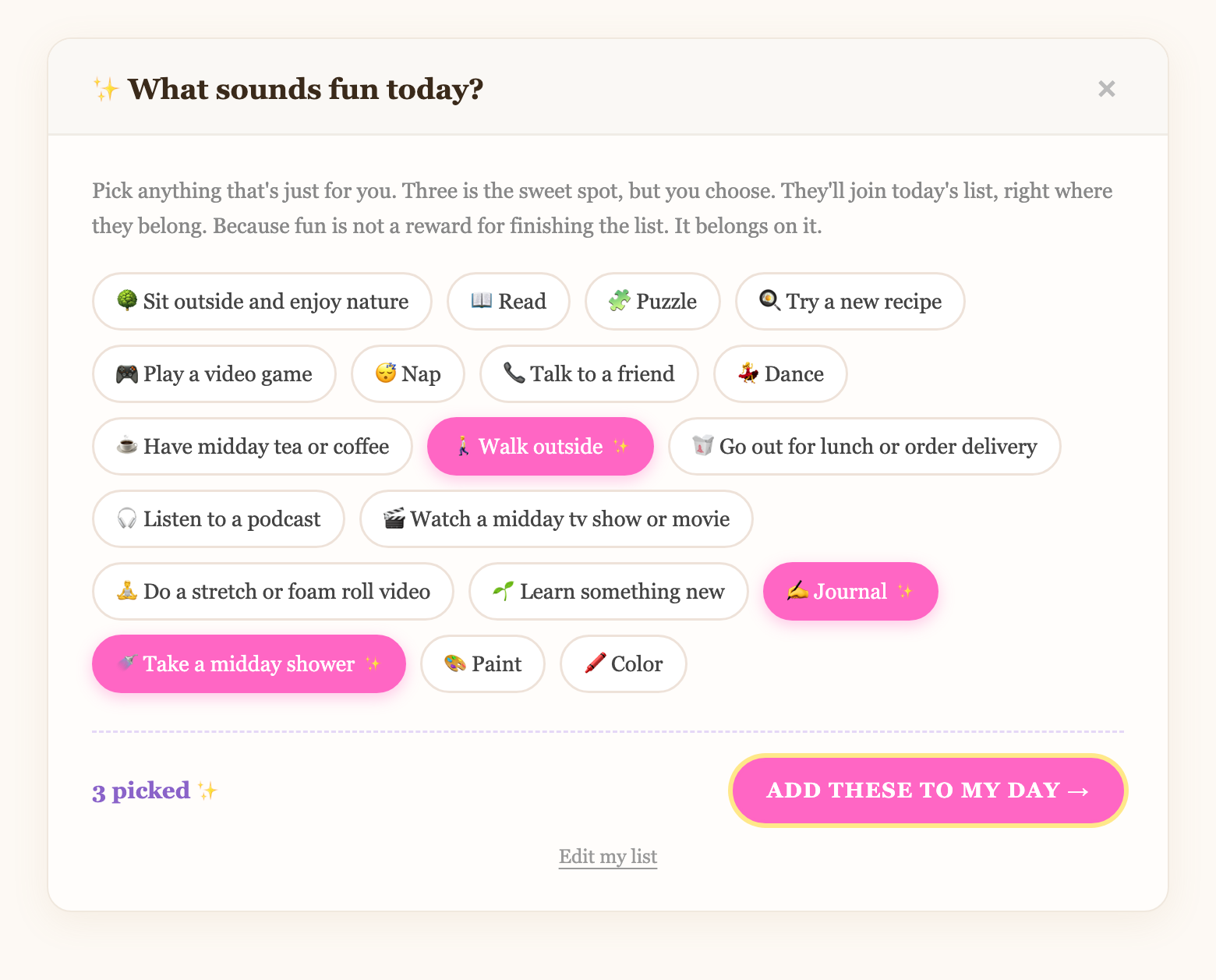 The Clear Days fun picker asking 'What sounds fun today?' with three little joys selected and a button reading Add these to my day